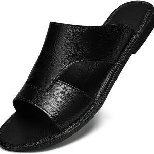 Men's's Leather Cutout Slides Sandals Comfortable Lightweight Open Toe Anti-slip Soft bottom Slip On Slippers Summer Outdoor Casual Beach Sandals